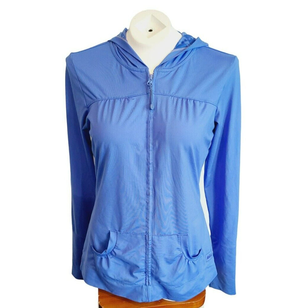 REI Womens Blue Full Zip Sun Hoodie Floral Lined Hood Thumbholes Medium